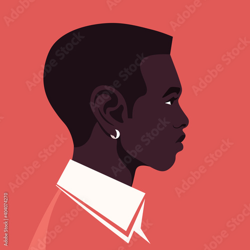 Portrait of an African man in profile. The guy’s head is on the side. Diversity. Avatar. Vector flat illustration