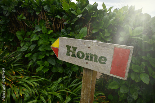 vintage old wooden signboard with text home near the green plants.
