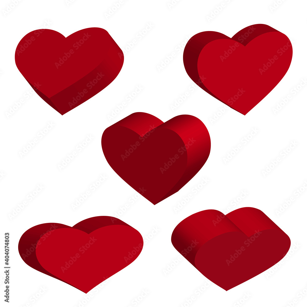 3D red hearts. Vector set of five geometric shapes. Objects isolated on white background. 3D red hearts. Vector set of five geometric shapes. Objects isolated on white background.