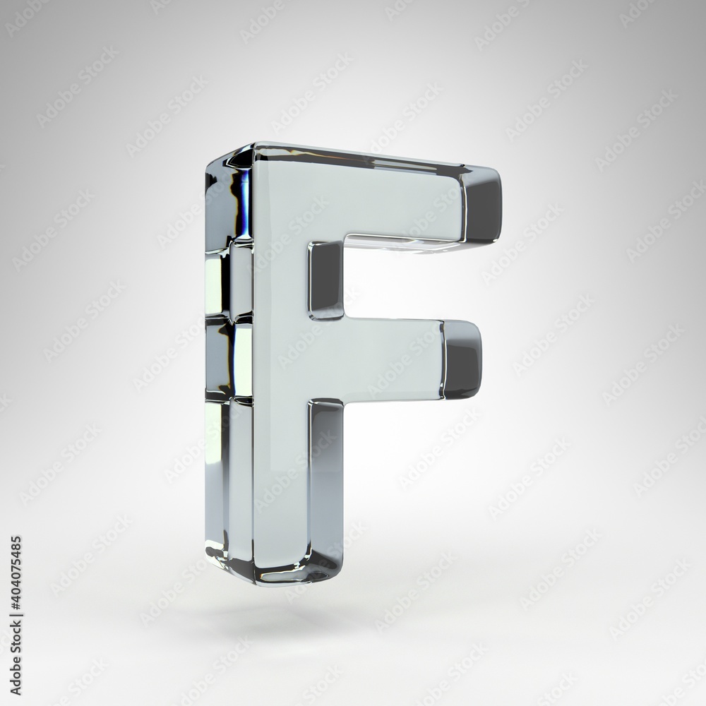 Letter F uppercase on white background. Camera lens transparent glass 3D rendered font with dispersion. Letter F uppercase on white background. Camera lens transparent glass 3D rendered font with dispersion.