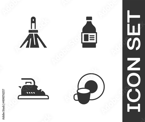 Set Washing dishes, Handle broom, Electric iron and Bottle for cleaning agent icon. Vector.