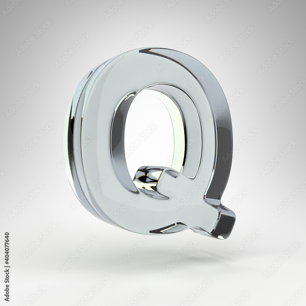 Letter Q uppercase on white background. Camera lens transparent glass 3D rendered font with dispersion. Letter Q uppercase on white background. Camera lens transparent glass 3D rendered font with dispersion.