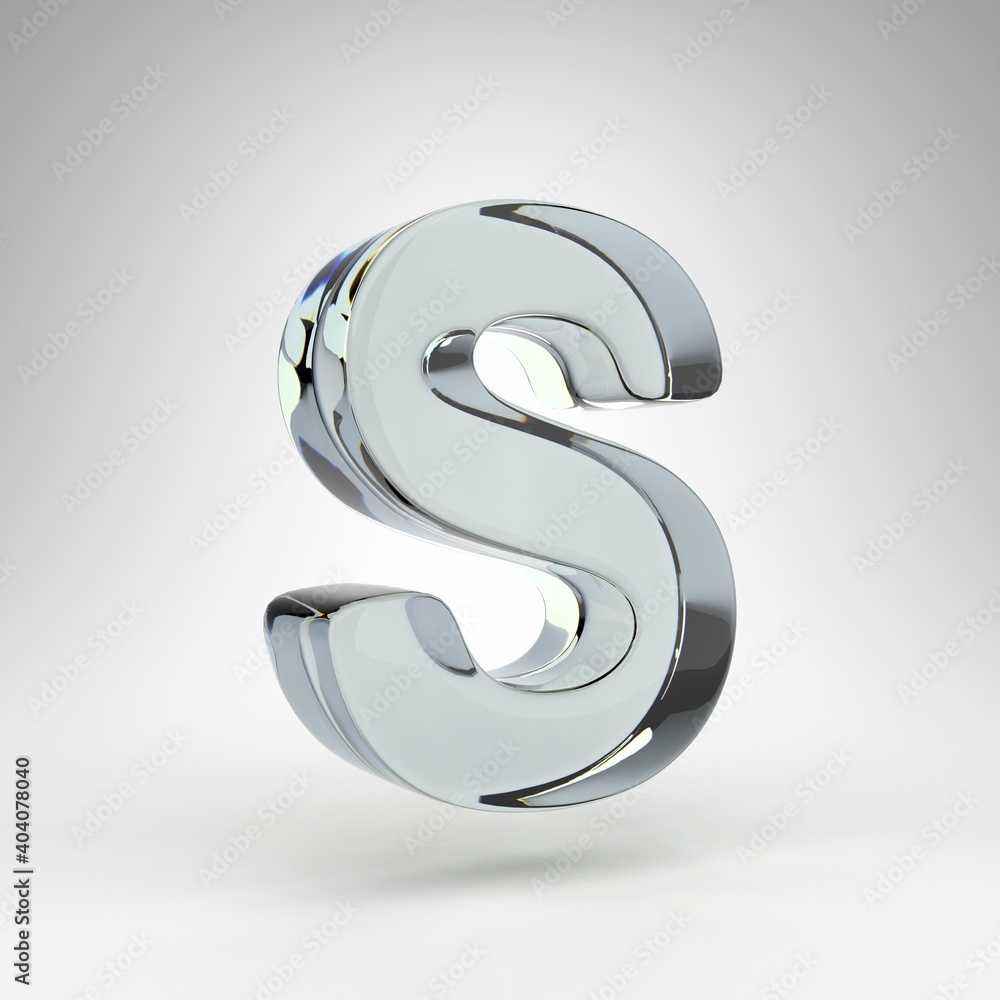 Letter S uppercase on white background. Camera lens transparent glass 3D rendered font with dispersion. Letter S uppercase on white background. Camera lens transparent glass 3D rendered font with dispersion.