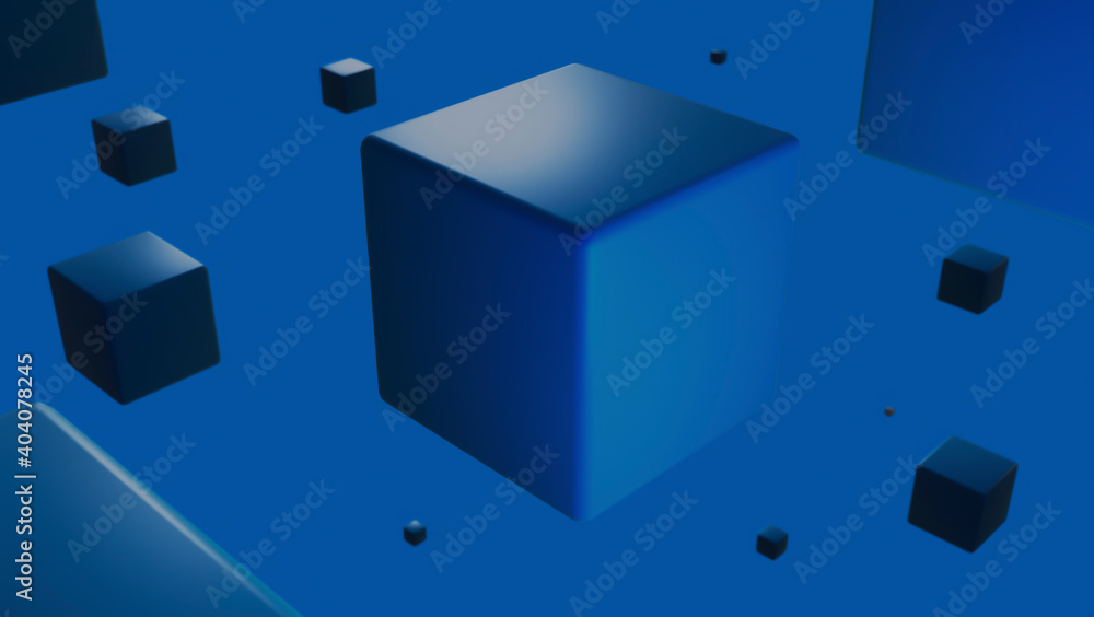 Obraz premium Flying blue cubes on a monochrome background. 3D rendering. Blank for design. Layout. Place for text. Abstraction