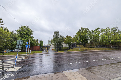 Landscape view of building of Russian Embassy in Stockholm on rainy autumn day.