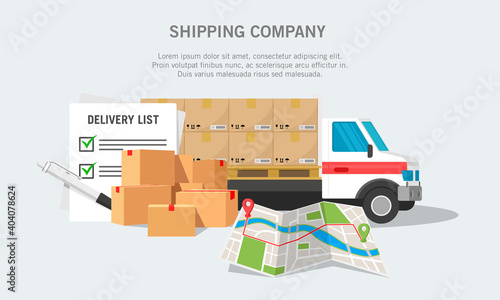 Vector illustration of an activity delivering goods by truck. Suitable for design element of shipping company banner, delivery service web background. Truck illustration, map, and shipping boxes.