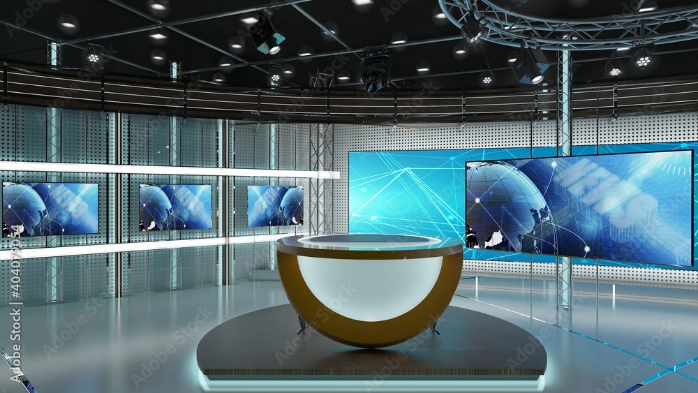 Virtual TV Studio News Set 3-2. Green screen background. 3d Rendering.  Virtual set studio for