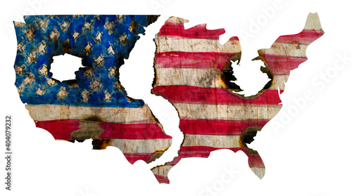 Fotografía burned grungy USA flag with bullet holes and shape of the USA, USA riots concept