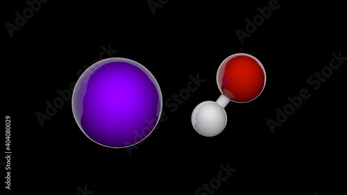 Potassium hydroxide is an inorganic compound with the formula KOH or HKO. It is commonly called caustic potash. 3D render. Seamless loop. Isolated and rotating on black background. photo