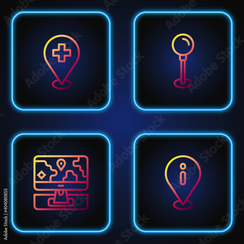 Set line Location with information, Monitor location marker, Medical cross and Push pin. Gradient color icons. Vector.