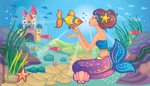 Beautiful princess or mermaid with golden fish. Cute funny fairy. Fabulous landscape with sea bottom. Ocean background for wallpaper. Children's cartoon illustration for print. Cute doll, toy. Vector