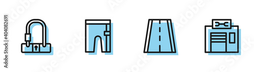 Set line Bicycle lane, lock, Cycling shorts and repair service icon. Vector.