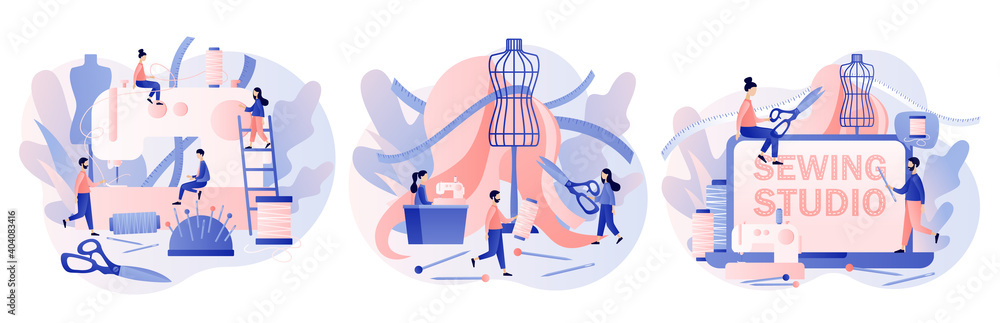 Sewing studio concept. Tiny people tailors create outfit and apparel in workshop or atelier. Sewing machine, mannequin, tools and materials. Modern flat cartoon style. Vector illustration