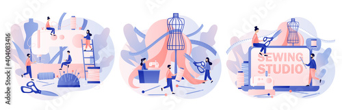 Sewing studio concept. Tiny people tailors create outfit and apparel in workshop or atelier. Sewing machine, mannequin, tools and materials. Modern flat cartoon style. Vector illustration