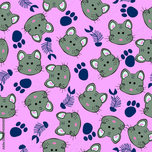 Pattern with cute cat and pink background