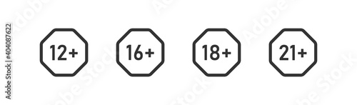 Age limit. Set icons 12, 16, 18 and 21 plus. Vector isolated photo