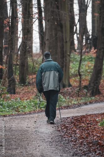 a man walks through the forest with nordic walking sticks © karegg