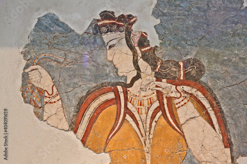 Obraz na płótnie The ''’Mycenaean Lady'', 13th century BC, fresco from the Acropolis of Mycenae, in Peloponnese, Greece, now exhibited at the Archeological Museum of Athens, Greece, Europe w salonie