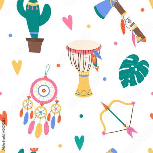 Vector Seamless Pattern with Tribal Ethnic Elements.Kid's Ornament with Cute Indian Objects.Flat Aztec Illustration for Print,Design,Wallpaper,Wrapping Paper,Textile.Hand Drawn Dreamcatcher,Drum,Bow.