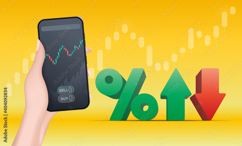 A hand holds a phone with a growth graph. The concept of trading on the finance exchange. Volumetric realistic style. Vector.