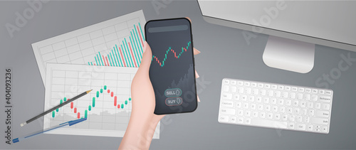 Analyst or trader's workplace. A hand holds a phone with a growth graph. Blanks with business charts, uptrend line graph, histogram and bull market stock numbers. Vector.