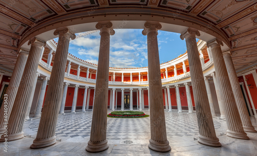 View of the inner yard of Zappeion mansion with its beautiful peristyle, in the National Garden of Athens, Greece, Europe.