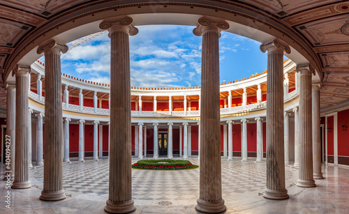 View of the inner yard of Zappeion mansion with its beautiful peristyle, in the National Garden of Athens, Greece, Europe. photo