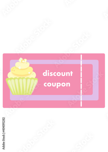 Vector illustration of discount coupon. Discount on baked goods. Cupcake on a discount coupon. Nice baked goods with a discount. Bakery products