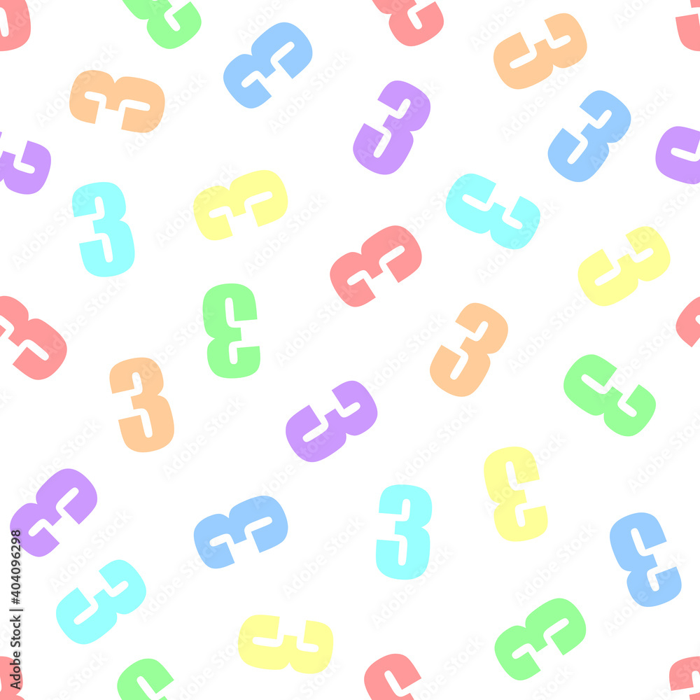 Endless seamless pattern from numbers 3 (three) on a white background. Painted in rainbow colors in pastel colors. Red, orange, yellow, green, cyan, blue, violet. Endless seamless pattern from numbers 3 (three) on a white background. Painted in rainbow colors in pastel colors. Red, orange, yellow, green, cyan, blue, violet.