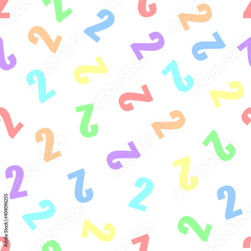 Endless seamless pattern from numbers 2 (two) on a white background. Painted in rainbow colors in pastel colors. Red, orange, yellow, green, cyan, blue, violet.
