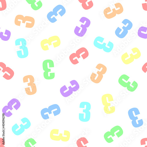 Endless seamless pattern from numbers 3 (three) on a white background. Painted in rainbow colors in pastel colors. Red, orange, yellow, green, cyan, blue, violet.