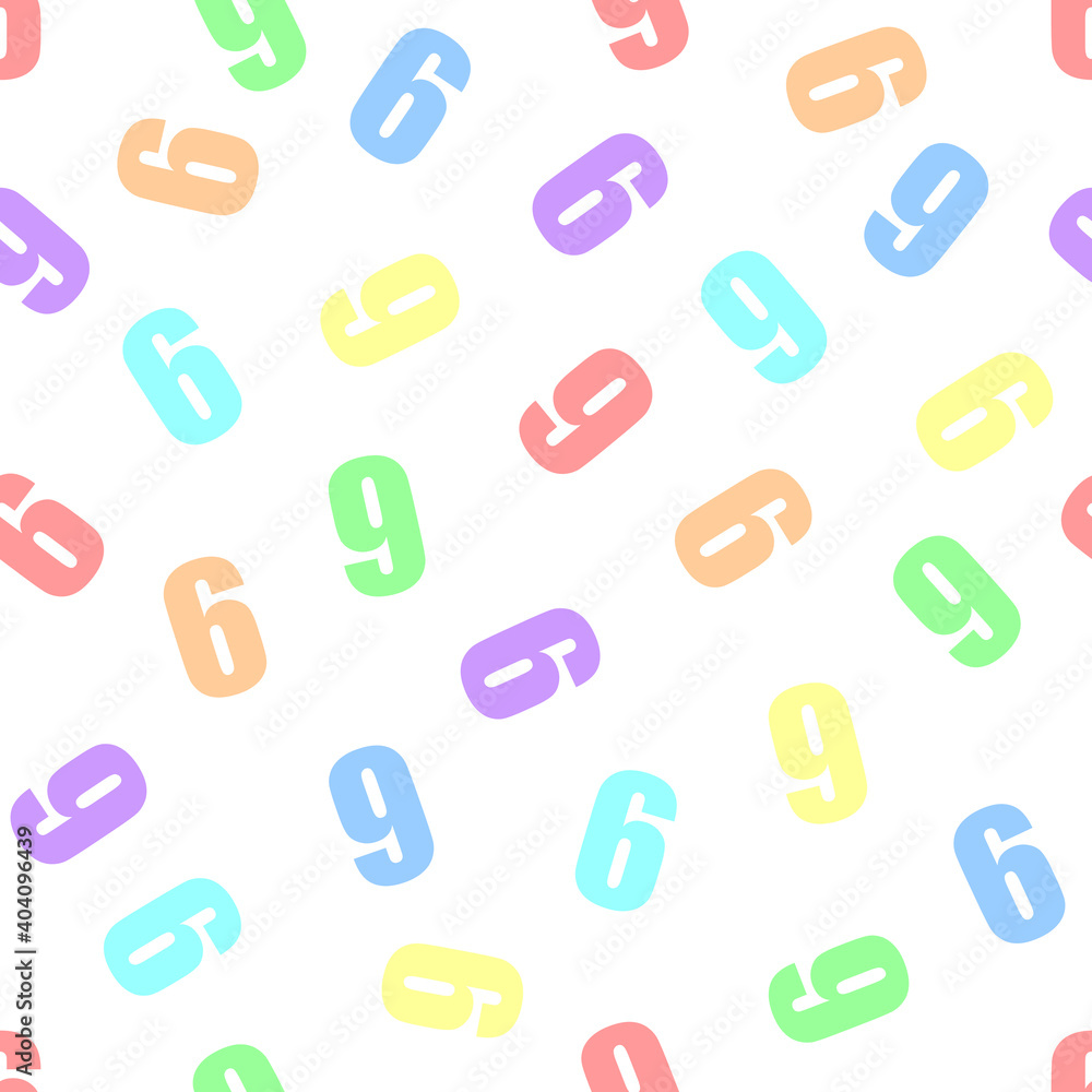 Endless seamless pattern of numbers 6 or 9 (six or nine) on a white background. Painted in rainbow colors in pastel colors. Red, orange, yellow, green, cyan, blue, violet. Endless seamless pattern of numbers 6 or 9 (six or nine) on a white background. Painted in rainbow colors in pastel colors. Red, orange, yellow, green, cyan, blue, violet.