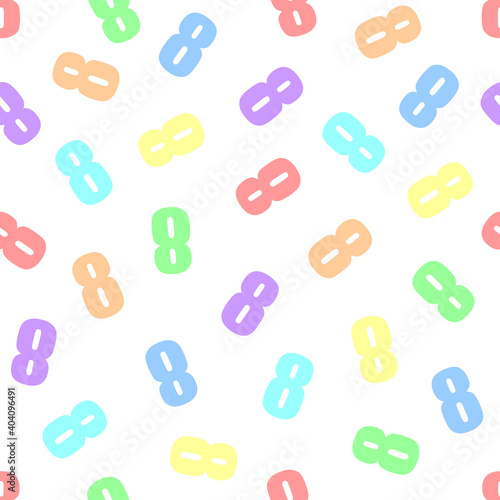 Endless seamless pattern of numbers 8 (eight) on a white background. Painted in rainbow colors in pastel colors. Red, orange, yellow, green, cyan, blue, violet.
