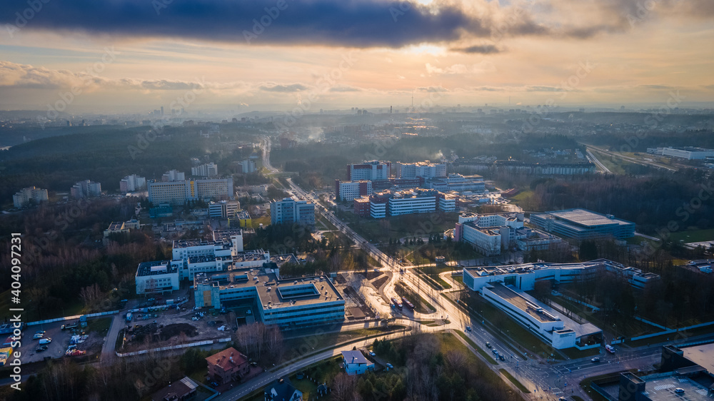 Aerial view of Santariskes hospital in Vilnius by drone