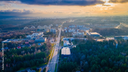 Aerial view of Santariskes hospital in Vilnius by drone