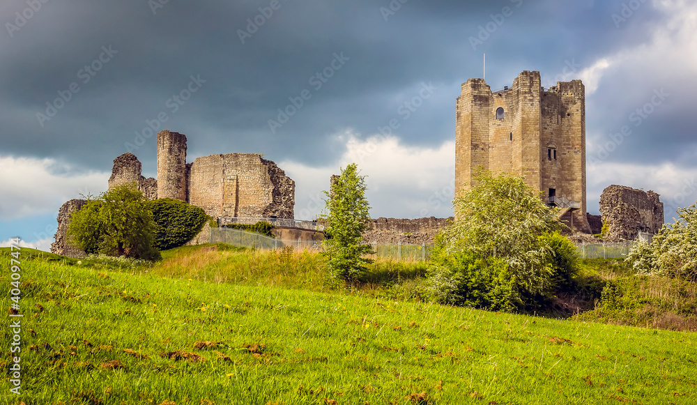 A view of the motte and bailey castle at Conisbrough, UK in springtime