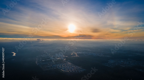 Aerial view of Santariskes living district from above the clouds
