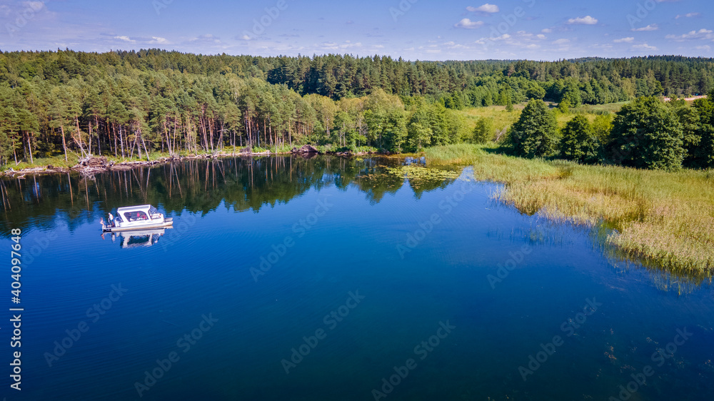 Aerial view of lake Plateliai secret bay by drone