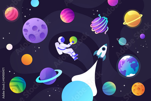 Many planets in space, a rocket and an astronaut. Night sky, stars. Cartoon horizontal vector illustration.