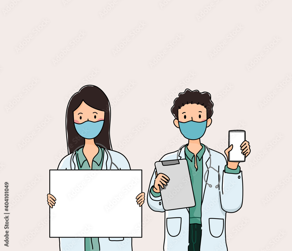 Doctors wear face mask showing empty medical clipboard and blank white paper banner. Vector illustration Doctors wear face mask showing empty medical clipboard and blank white paper banner. Vector illustration