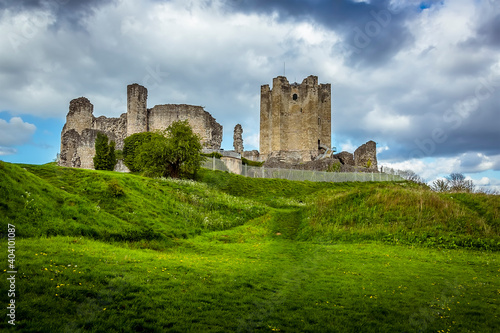 A view of the ruins of the motte and bailey castle at Conisbrough, UK in springtime