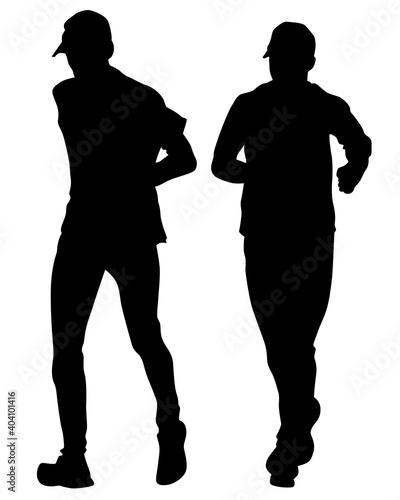Young athletes run a marathon. Isolated silhouettes on white background