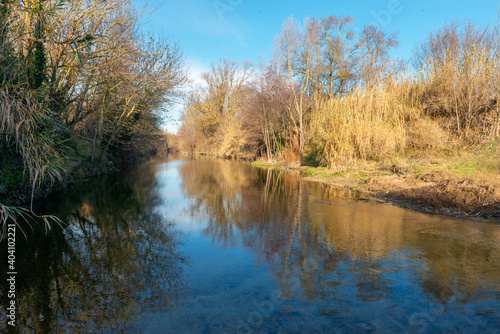 The river l'Orbieu near the town of Luc-sur-Orbieu in the department of the Aude, in the south of France during Winter
