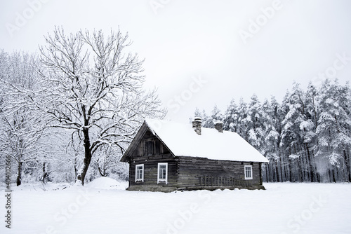 Canvas Print Nice old village house in the middle of beautiful winter with lots of white snow and trees
