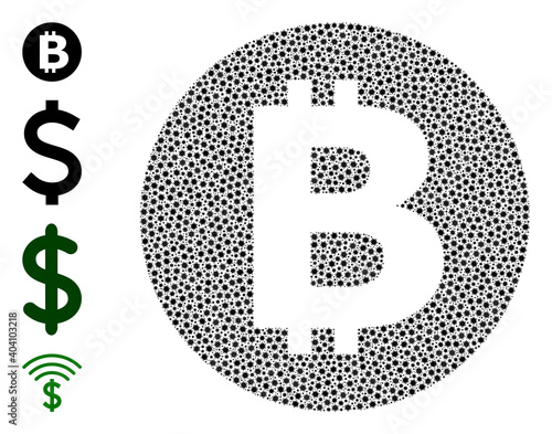Vector bitcoin icon covid-2019 mosaic. Bitcoin mosaic is made with tiny covid infection elements. Collage is created for medicare illustrations.