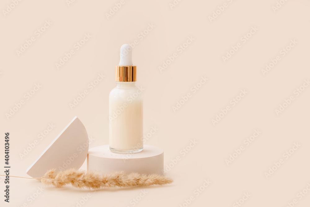 Trendy background with natural cosmetic skincare bottle. Product presentation. Beauty and body care product concept. - obrazy, fototapety, plakaty 