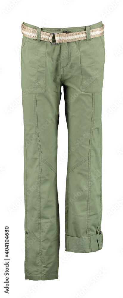 Green menus summer trousers. One trouser leg rolls up. Isolated image on a white background. Green menus summer trousers. One trouser leg rolls up. Isolated image on a white background.