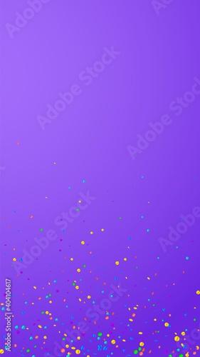 Festive popular confetti. Celebration stars. Bright confetti on violet background. Great festive overlay template. Vertical vector background.