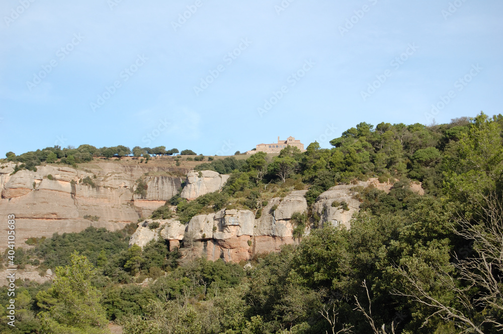 Panorama of the forests and mountains of La Mola, in Catalonia, in the province of Barcelona (Spain). Next to Montserrat. Sanctuary of La Mola, at the top of the mountain. Catalonia, El Vallès
