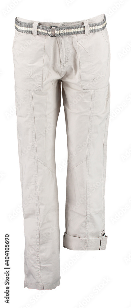 White menus summer trousers. One trouser leg rolls up. Isolated image on a white background. White menus summer trousers. One trouser leg rolls up. Isolated image on a white background.